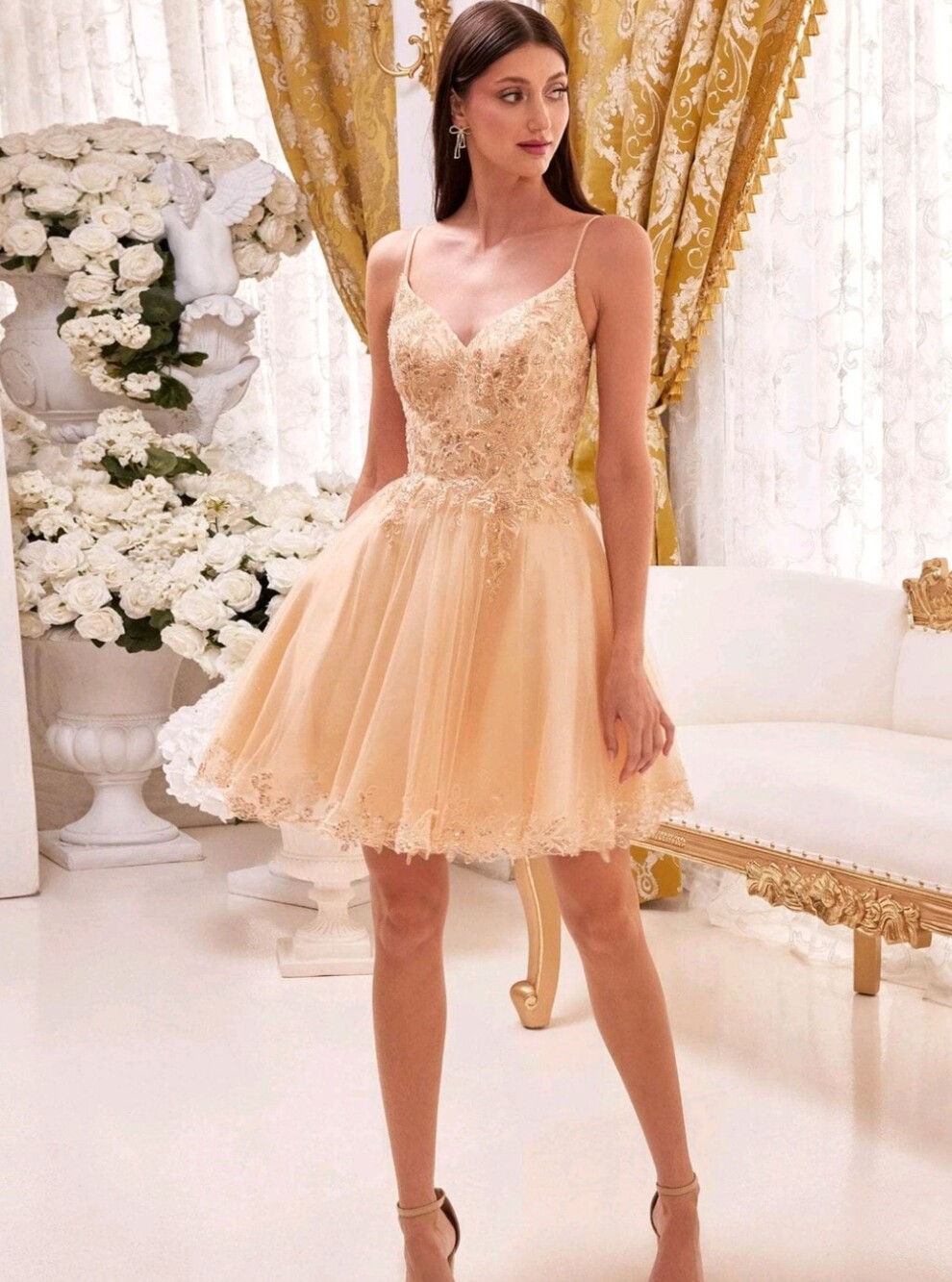 New Ladivine CD0213 - Embroidered Sleeveless Cocktail Dress Champagne Size XS